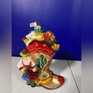 2012 Huras Cowboy Boot Santa Glass Ornament Western Texas Guitar Hf151